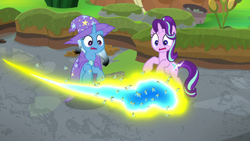 Size: 1920x1080 | Tagged: safe, screencap, starlight glimmer, trixie, bee, flash bee, pony, unicorn, a horse shoe-in, g4, bipedal, burnt mane, cape, clothes, female, hat, mare, scorched, swarm, trixie's cape, trixie's hat