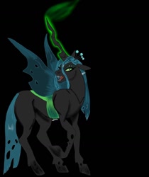 Size: 1080x1287 | Tagged: safe, alternate version, artist:_kingplantae_, queen chrysalis, changeling, changeling queen, g4, black background, colored, female, glowing horn, horn, open mouth, raised hoof, sharp teeth, simple background, solo, teeth