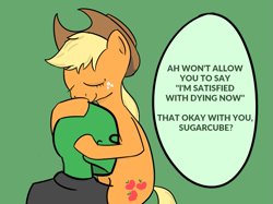 Size: 705x526 | Tagged: safe, artist:anonymous, applejack, oc, oc:anon, earth pony, human, pony, g4, 4chan, applejack's hat, cowboy hat, cute, drawthread, duo, hat, jackabetes, ponified, simple background, sugarcube, text, tiny evil