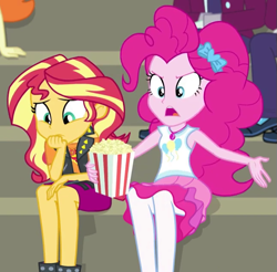 Size: 645x635 | Tagged: safe, screencap, pinkie pie, sunset shimmer, equestria girls, equestria girls series, g4, sock it to me, spoiler:choose your own ending (season 2), spoiler:eqg series (season 2), cropped, female, food, geode of empathy, geode of sugar bombs, magical geodes, popcorn, sock it to me: rarity