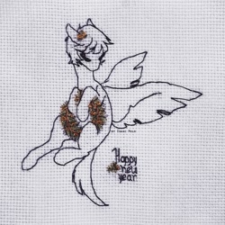 Size: 800x800 | Tagged: safe, artist:ipoloarts, oc, oc only, pegasus, pony, christmas, commission, cross stitch, crossstitching, embroidery, finished commission, gold, handmade, happy new year, happy new year 2020, holiday, monochrome, needlework, solo, traditional art, ych example, ych result