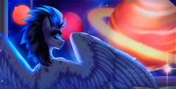 Size: 1328x669 | Tagged: safe, artist:dolorosacake, oc, oc only, pegasus, pony, commission, galaxy, solo, space, wings