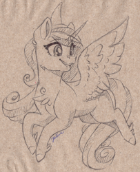 Size: 1500x1848 | Tagged: safe, artist:faline-art, princess cadance, alicorn, pony, g4, female, flying, smiling, solo, traditional art
