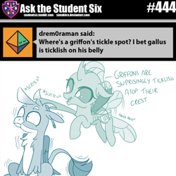 Size: 800x800 | Tagged: safe, artist:sintakhra, gallus, ocellus, changedling, changeling, griffon, tumblr:studentsix, g4, cute, cute bug noises, diaocelles, gallabetes, pencil, post-it, puffy cheeks, scratching, scrunchy face, stifling laughter, this will end in pain, tickling, wide eyes