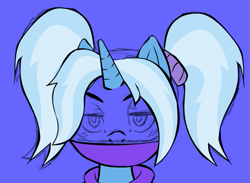 Size: 601x440 | Tagged: safe, artist:buttercupsaiyan, gameloft, trixie, pony, unicorn, g4, alternate hairstyle, babysitter trixie, blue background, bust, clothes, female, gameloft interpretation, hoodie, mare, simple background, solo, wip