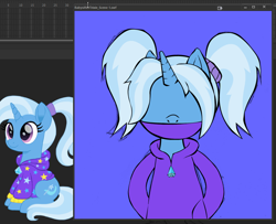 Size: 956x776 | Tagged: safe, artist:buttercupsaiyan, artist:cloudy glow, edit, trixie, pony, unicorn, g4, alternate hairstyle, babysitter trixie, clothes, female, hoodie, mare, sitting, solo, wip