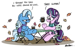 Size: 1024x637 | Tagged: safe, artist:bobthedalek, starlight glimmer, trixie, pony, unicorn, g4, autumn, chair, clothes, coffee, crossed hooves, crossed legs, cup, dialogue, duo, duo female, female, leaves, magic, mare, scarf, table, trixie is not amused, unamused
