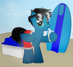 Size: 7200x6600 | Tagged: safe, artist:agkandphotomaker2000, oc, oc:pony video maker, pegasus, pony, clothes, cooler, drink, drinking, glass, sand, show accurate, simple background, straw, sunglasses, surfboard, swimsuit