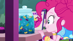 Size: 1920x1080 | Tagged: safe, screencap, pinkie pie, equestria girls, equestria girls specials, g4, my little pony equestria girls: better together, my little pony equestria girls: sunset's backstage pass, candy, close-up, faic, female, food, geode of sugar bombs, jelly beans, lip bite, magical geodes, music festival outfit