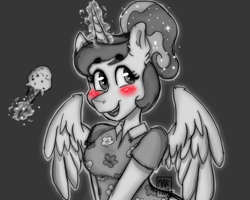 Size: 1074x861 | Tagged: safe, artist:meqiopeach, princess luna, alicorn, anthro, between dark and dawn, g4, blushing, clothes, cute, eyebrows, eyebrows visible through hair, female, flower, food, grayscale, holiday, horn, ice cream, ice cream cone, levitation, lunabetes, magic, mane, mint ice cream, monochrome, shirt, simple background, simple shading, sketch dump, solo, stars, telekinesis, wings