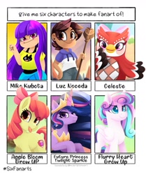 Size: 1080x1290 | Tagged: safe, artist:rivin177, apple bloom, princess flurry heart, twilight sparkle, alicorn, bird, earth pony, human, owl, pony, anthro, g4, the last problem, :p, animal crossing, anthro with ponies, bow, celeste, clothes, crossover, crown, cutie mark, female, glitch techs, hair bow, jewelry, luz noceda (the owl house), mare, miko kubota, older, older flurry heart, older twilight, older twilight sparkle (alicorn), owlbert, palisman, peytral, princess twilight 2.0, regalia, six fanarts, smiling, staff, the cmc's cutie marks, the owl house, tongue out, twilight sparkle (alicorn)