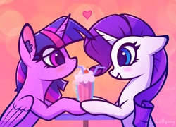Size: 1000x720 | Tagged: safe, artist:lollipony, rarity, twilight sparkle, alicorn, pony, unicorn, g4, abstract background, atg 2020, blushing, cute, drinking, duo, duo female, eye clipping through hair, female, folded wings, friendship, heart, heart eyes, holding hooves, horn, lesbian, looking at each other, mare, milkshake, newbie artist training grounds, raribetes, sharing a drink, ship:rarilight, shipping, straw, twiabetes, twilight sparkle (alicorn), wingding eyes, wings