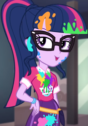 Size: 755x1080 | Tagged: safe, screencap, sci-twi, twilight sparkle, equestria girls, equestria girls specials, g4, my little pony equestria girls: better together, my little pony equestria girls: sunset's backstage pass, bangs, clothes, collar, cropped, cute, female, glasses, hand on hip, indoors, lidded eyes, messy, music festival outfit, paint, ponytail, public bathroom, raised eyebrow, shirt, short sleeves, skirt, smiling, solo, talking, twiabetes, wristband