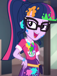 Size: 806x1080 | Tagged: safe, screencap, sci-twi, twilight sparkle, equestria girls, equestria girls series, g4, sunset's backstage pass!, spoiler:eqg series (season 2), bangs, clothes, collar, cropped, cute, female, glasses, hand on hip, indoors, lidded eyes, messy, music festival outfit, paint, ponytail, public bathroom, raised eyebrow, shirt, short sleeves, skirt, smiling, solo, talking, twiabetes