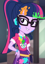 Size: 767x1080 | Tagged: safe, screencap, sci-twi, twilight sparkle, equestria girls, equestria girls specials, g4, my little pony equestria girls: better together, my little pony equestria girls: sunset's backstage pass, bangs, clothes, collar, cropped, cute, female, glasses, hand on hip, lidded eyes, messy, music festival outfit, paint, ponytail, raised eyebrow, shirt, short sleeves, skirt, smiling, solo, talking, twiabetes