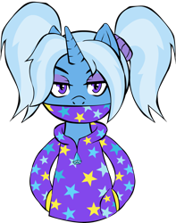 Size: 3151x4000 | Tagged: safe, artist:buttercupsaiyan, gameloft, trixie, pony, unicorn, g4, adobe, adobe animate, alternate hairstyle, babysitter trixie, clothes, female, gameloft interpretation, hoodie, mare, pigtails, simple background, solo, surgical mask, transparent background, twintails, vector