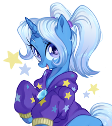 Size: 958x1080 | Tagged: safe, artist:toroitimu, trixie, pony, unicorn, alternate hairstyle, babysitter trixie, clothes, cute, diatrixes, female, gameloft, gameloft interpretation, hoodie, jacket, looking at you, mare, open mouth, pigtails, simple background, solo, starry eyes, stars, twintails, white background, wingding eyes