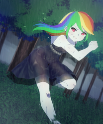Size: 1698x2048 | Tagged: safe, artist:yanafian, rainbow dash, equestria girls, black dress, clothes, commission, commissioner:ajnrules, dress, female, forest, gritted teeth, little black dress, rain, rainbow dash always dresses in style, running, scratches, sleeveless, solo, wet clothes, wet dress, ych result