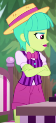 Size: 490x1076 | Tagged: safe, screencap, belle barker, human, equestria girls, equestria girls specials, g4, my little pony equestria girls: better together, my little pony equestria girls: sunset's backstage pass, background human, boater, bowtie, carny, clothes, cropped, crossed arms, female, hat, outdoors, shorts, vendor, vest