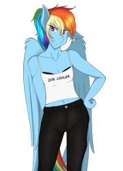 Size: 1280x1781 | Tagged: safe, artist:bravejockey, rainbow dash, pegasus, anthro, g4, 20% cooler, clothes, delicious flat chest, female, pants, rainbow flat, simple background, solo, tank top, transparent background
