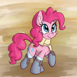 Size: 1300x1300 | Tagged: safe, artist:litrojia, pinkie pie, earth pony, pony, g4, abstract background, atg 2020, autumn, boots, cheek fluff, chest fluff, clothes, cute, diapinkes, ear fluff, female, mare, newbie artist training grounds, raised hoof, raised leg, scarf, shoes, smiling, socks, solo