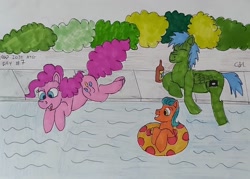Size: 1202x860 | Tagged: safe, artist:rapidsnap, pinkie pie, oc, oc:rapidsnap, pony, g4, cute, diapinkes, eyes closed, newcastle brown ale, ocbetes, relaxing, swimming pool, traditional art, trio