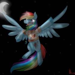 Size: 1080x1080 | Tagged: safe, artist:princessesmeraldaofficial, rainbow dash, pegasus, pony, g4, blood, crescent moon, dirty, female, flying, mare, moon, night, open mouth, signature, solo, stars