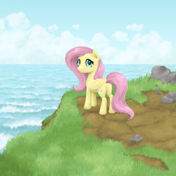Size: 1000x1000 | Tagged: safe, artist:ariah101, fluttershy, pegasus, pony, g4, cliff, cloud, female, folded wings, grass, looking at you, looking back, looking back at you, mare, ocean, outdoors, rock, sky, smiling, solo, standing, wings