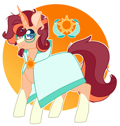 Size: 2244x2358 | Tagged: safe, artist:crazysketch101, oc, oc only, pony, unicorn, blaze (coat marking), cape, circle background, clothes, coat markings, facial markings, glasses, high res, male, offspring, parent:starlight glimmer, parent:sunburst, parents:starburst, socks (coat markings), solo