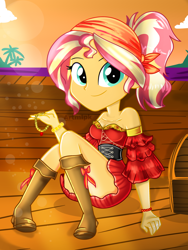 Size: 1800x2400 | Tagged: safe, artist:artmlpk, sunset shimmer, equestria girls, g4, adorable face, adorasexy, adorkable, alternate hairstyle, bandana, bare shoulders, beautiful, boots, chest, clothes, corset, costume, cute, design, digital art, dork, female, island, jewelry, looking at you, ocean, outfit, pirate, pirate ship, pirate sunset, ponytail, schrödinger's pantsu, sexy, shimmer me timbers, shimmerbetes, shoes, sitting, skirt, smiling, smiling at you, solo, stupid sexy sunset shimmer, sunset, topless, treasure chest, tresure chest, upskirt denied, water, watermark