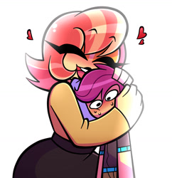 Size: 1000x1032 | Tagged: safe, artist:nelljoestar, aunt holiday, scootaloo, equestria girls, g4, aunt and niece, big breasts, blushing, boob smothering, breasts, busty aunt holiday, commission, duo, eyes closed, female, heart, hug, implied incest, implied lesbian, scootalove, simple background, smothering, white background