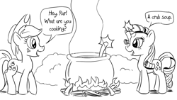 Size: 1200x675 | Tagged: safe, artist:pony-berserker, part of a set, applejack, rarity, crab, earth pony, giant crab, pony, unicorn, g4, black and white, bush, cauldron, cooking, cooking pot, crab soup, dialogue, duo, english, fire, food, grayscale, ladle, monochrome, open mouth, outdoors, pun, rarity fighting a giant crab, simple background, soup, speech bubble, standing, steam, talking, walking, white background, wood