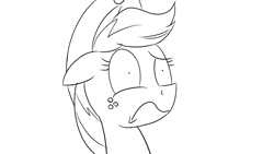 Size: 1200x675 | Tagged: safe, artist:pony-berserker, part of a set, applejack, earth pony, pony, g4, black and white, female, frown, grayscale, monochrome, reaction, reaction image, simple background, solo, weirded out, white background