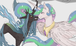 Size: 967x593 | Tagged: safe, artist:spushii, princess celestia, queen chrysalis, alicorn, changeling, changeling queen, pony, blushing, chryslestia, crossed horns, duo, female, horn, horns are touching, lesbian, mare, nose to nose, shipping, tsundalis