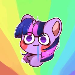 Size: 1000x1000 | Tagged: safe, artist:bearsea-空空, part of a set, twilight sparkle, pony, unicorn, g4, abstract background, bust, chibi, drool, eye clipping through hair, female, mare, solo, unicorn twilight, waving, wide eyes