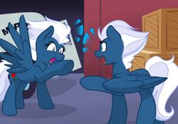 Size: 1280x896 | Tagged: safe, artist:cadetredshirt, night glider, oc, pegasus, pony, g4, 60s spider-man, car, clone, commission, crate, digital art, duality, ear fluff, emanata, female, look-alike, mare, meme, not night glider, pointing, police car, ponified meme, samefag, shocked, simple background, simple shading, spider-man points at spider-man, underhoof, wings