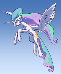 Size: 902x1094 | Tagged: safe, artist:nadnerbd, princess celestia, alicorn, pony, g4, angry, blue background, celestia is not amused, concave belly, ears back, female, flying, long mane, long tail, mare, open mouth, profile, simple background, slender, solo, spread wings, sternocleidomastoid, tail, thin, unamused, wings