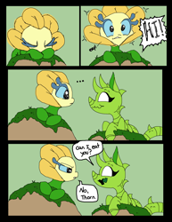 Size: 2056x2664 | Tagged: safe, artist:smirk, oc, oc only, oc:goldie, oc:thorn, original species, plant pony, comic, cute, dialogue, duo, foal, implied vore, ms paint, plant