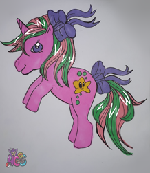 Size: 1280x1470 | Tagged: safe, artist:pinkberryprincess, pony, g1, bow, female, hair bow, rearing, signature, solo, tail bow, traditional art