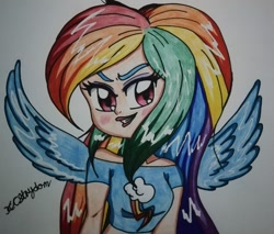 Size: 1280x1093 | Tagged: safe, artist:pinkberryprincess, rainbow dash, human, g4, clothes, female, humanized, makeup, signature, solo, traditional art, winged humanization, wings