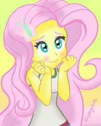 Size: 800x997 | Tagged: safe, artist:pinkberryprincess, fluttershy, equestria girls, g4, abstract background, blushing, clothes, female, looking up, signature, smiling, solo, three quarter view