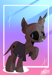 Size: 3823x5500 | Tagged: safe, artist:ssssss, oc, oc only, pony, unicorn, abstract background, black sclera, grin, horn, raised hoof, signature, smiling, solo, unicorn oc