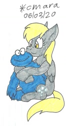 Size: 601x1142 | Tagged: safe, artist:cmara, derpy hooves, pegasus, pony, g4, cookie monster, crossover, cute, derpabetes, female, mare, sesame street, sitting, toy, traditional art