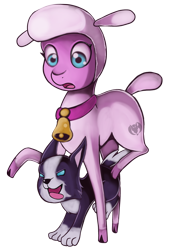 Size: 4400x6400 | Tagged: safe, artist:kenisu-of-dragons, pom (tfh), dog, lamb, sheep, them's fightin' herds, absurd resolution, bell, cloven hooves, collar, community related, duo, female, simple background, tongue out, transparent background