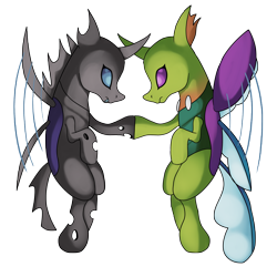 Size: 3600x3600 | Tagged: safe, artist:kenisu-of-dragons, changedling, changeling, duo, high res, simple background, touch, transparent background, wings