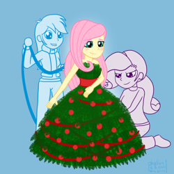 Size: 1000x1000 | Tagged: safe, artist:phallen1, fluttershy, rainbow dash, rarity, equestria girls, g4, atg 2020, blushing, christmas, christmas tree, clothes, dress, fluttertree, gown, holiday, newbie artist training grounds, simple background, tree