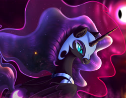Size: 4188x3250 | Tagged: safe, artist:darksly, nightmare moon, alicorn, pony, g4, blue eyes, digital art, ethereal mane, eyelashes, female, flowing mane, flowing tail, helmet, high res, horn, jewelry, mare, moon, open mouth, peytral, regalia, signature, slit pupils, smiling, solo, space, starry mane, stars, wings