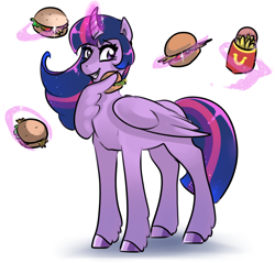 Size: 2300x2203 | Tagged: safe, artist:mylittlegodzilla, twilight sparkle, alicorn, pony, g4, burger, curved horn, female, food, french fries, glowing horn, high res, horn, looking sideways, magic, mare, potato, simple background, smiling, solo, telekinesis, twilight burgkle, twilight sparkle (alicorn), wing hands, wings