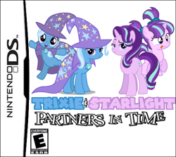 Size: 500x446 | Tagged: safe, artist:davidsfire, artist:famousmari5, artist:fruft, artist:mega-poneo, artist:slb94, starlight glimmer, trixie, pony, unicorn, g4, cape, clothes, e rating, esrb, female, filly, filly starlight glimmer, filly trixie, hat, mare, mario & luigi, nintendo ds, parody, trixie's cape, trixie's hat, video game, younger