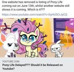 Size: 717x691 | Tagged: safe, angel bunny, fluttershy, oc, oc:dr. wolf, pegasus, pony, rabbit, anthro, g4, g4.5, my little pony: pony life, angel bunny is not amused, animal, facebook, female, grammar error, leaves, male, mare, oc dr.wolf is unamused, oc is unamused, screenshots, this is fine, thumbnail, twig, unamused, youtube link